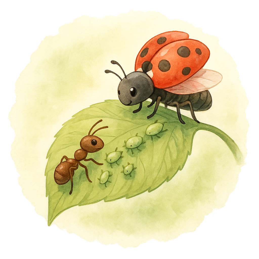 Aphids, ants, and ladybugs in balance